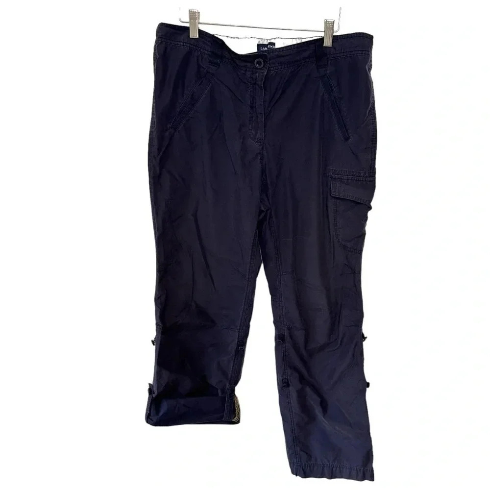 Lands End Cargo Capri Pants 14 Navy Blue Roll Tab Elastic Back Cotton Nylon